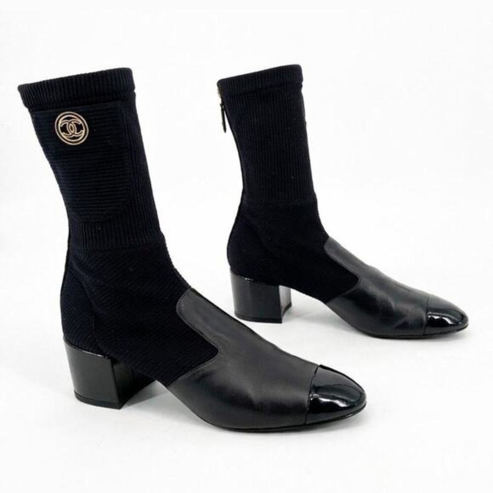 Chanel 2022 Black Knit 8 Logo Patent Cap Toe Mid Heel Sock Booties EU 37.5